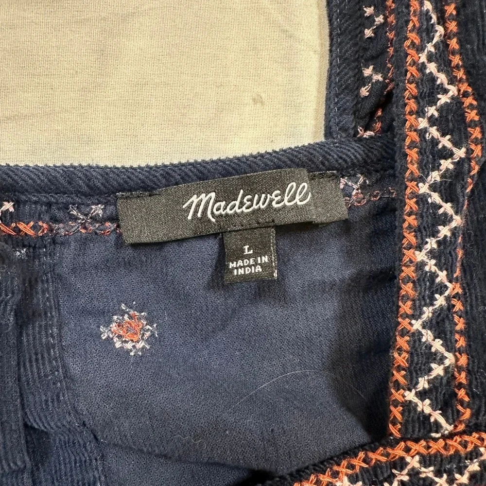 Madewell Embroidered Corduroy Peplum Blouse Navy Large